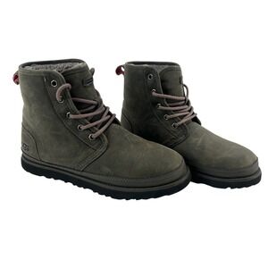 UGG Men's 7 Harkley Waterproof Leather Greenish‎ Gray Lace Up Boots Shearling